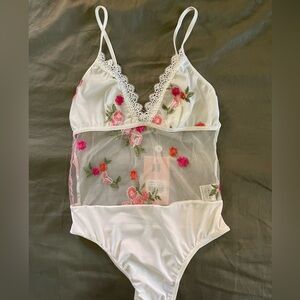 Tiger Mist White Sheer Mesh Bodysuit with Floral Embroidery